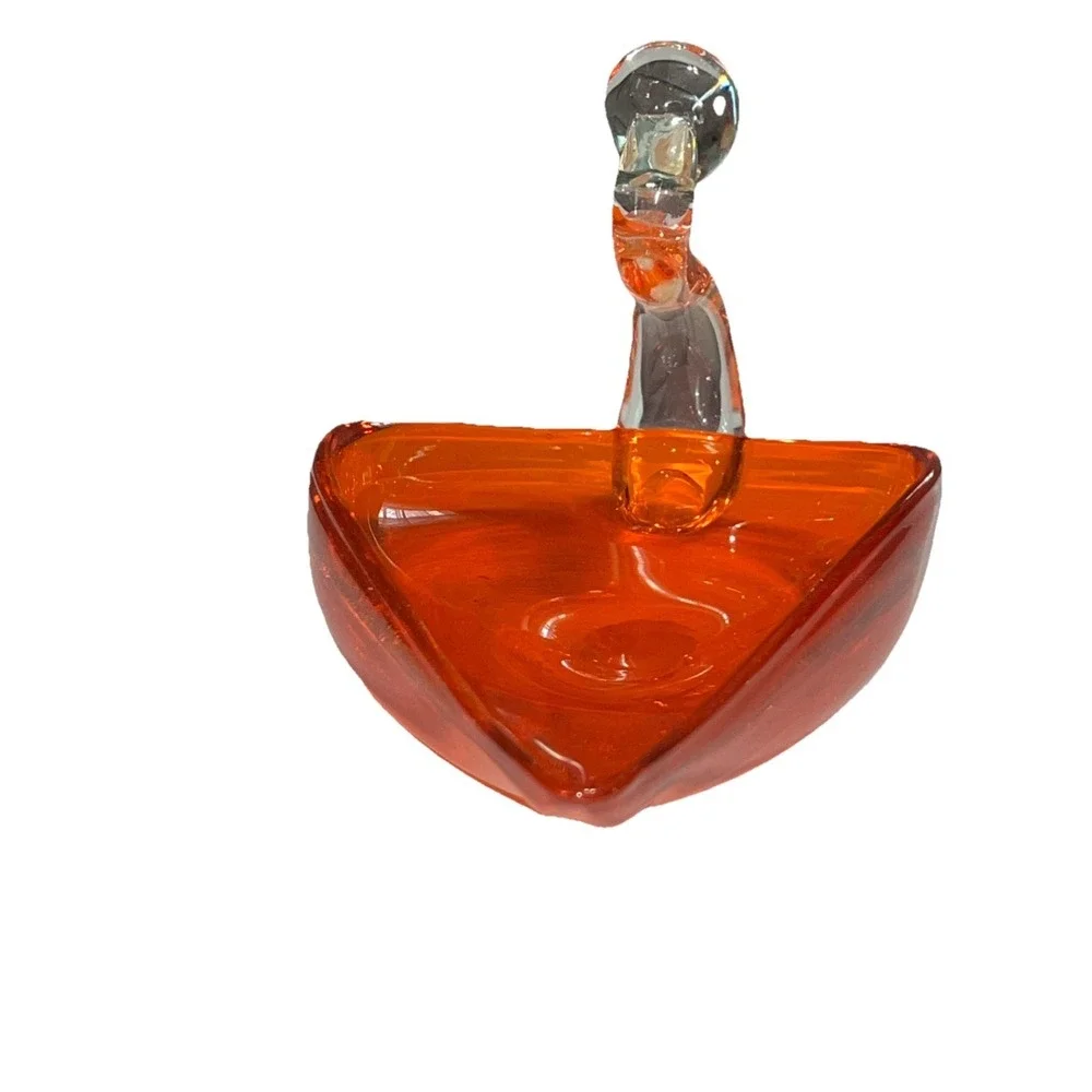 Vintage Mid Century Modern Orange Art Glass Bird Swan Candy Dish Bowl Decor Chip